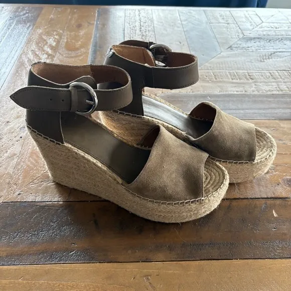 $150 MARC FISHER Adalyn Leather Suede Olive Espadrille Platform Wedge Sandal 9.5