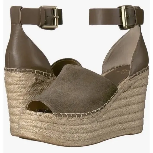 $150 MARC FISHER Adalyn Leather Suede Olive Espadrille Platform Wedge Sandal 9.5