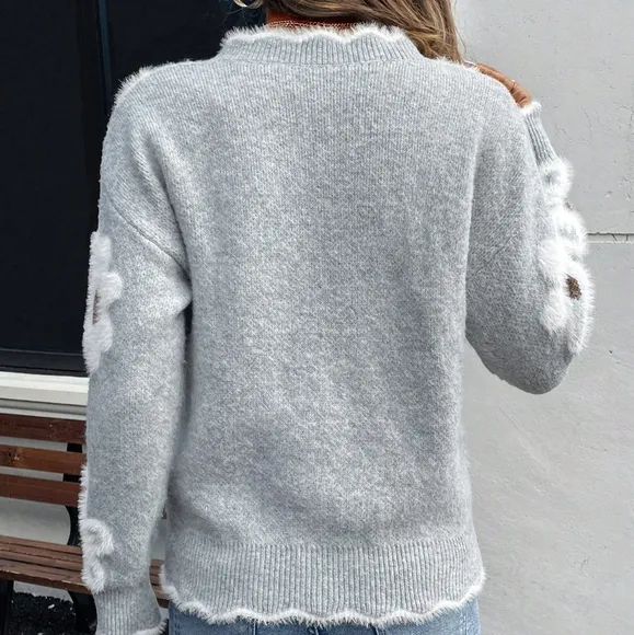 1pc Women Elegant Mink Fur Flower Pattern Lace Trim Knit Sweater
