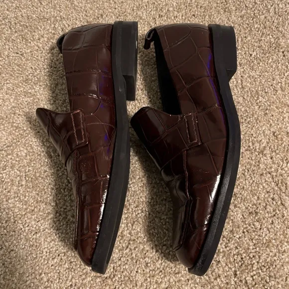 3.1 Phillip Lim Maroon Brown Crocodile Reptile Embossed Loafers 38.5