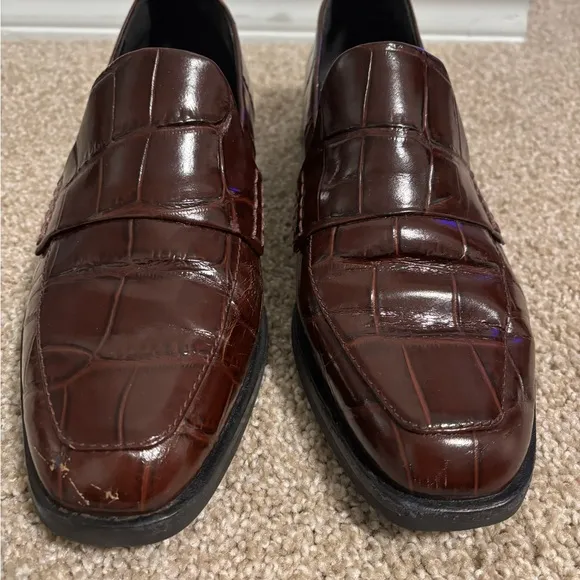 3.1 Phillip Lim Maroon Brown Crocodile Reptile Embossed Loafers 38.5