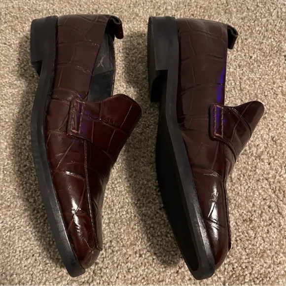 3.1 Phillip Lim Maroon Brown Crocodile Reptile Embossed Loafers 38.5