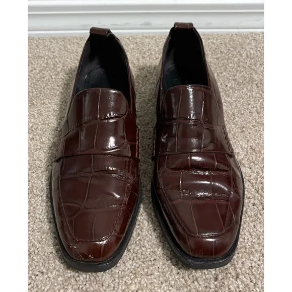 3.1 Phillip Lim Maroon Brown Crocodile Reptile Embossed Loafers 38.5