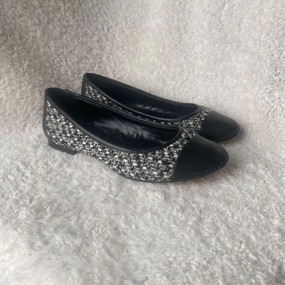 346 Brooks Brothers Black Grey Tweed Cap Toe Ballet Flats