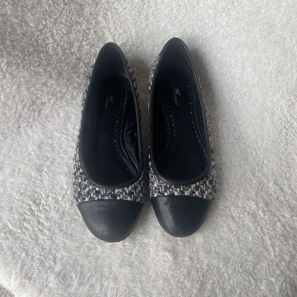 346 Brooks Brothers Black Grey Tweed Cap Toe Ballet Flats