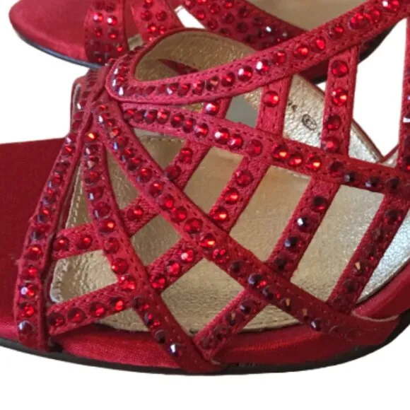 Adrianna Papell Strappy Sandals d'Orsay Sling back Red Satin Crystals Women 7 M