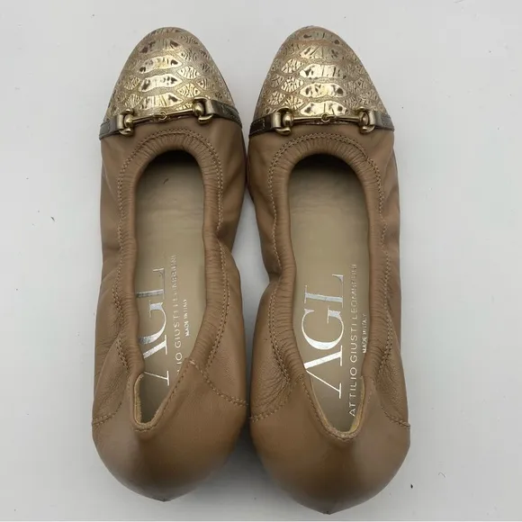 AGL Italy Women Size 38 (US 8) Beige Leather Ballet Chunky Block Heels Flats
