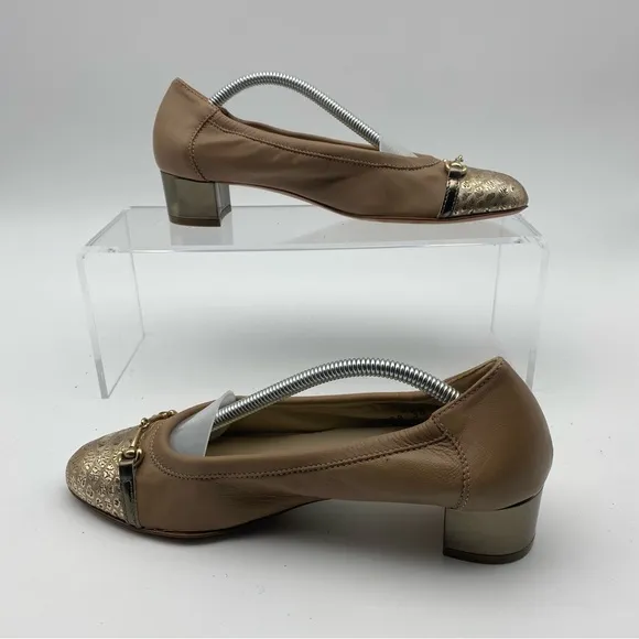 AGL Italy Women Size 38 (US 8) Beige Leather Ballet Chunky Block Heels Flats