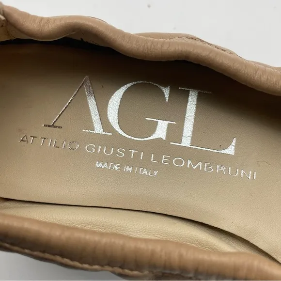 AGL Italy Women Size 38 (US 8) Beige Leather Ballet Chunky Block Heels Flats