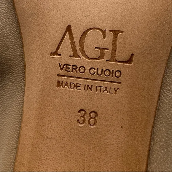 AGL Italy Women Size 38 (US 8) Beige Leather Ballet Chunky Block Heels Flats