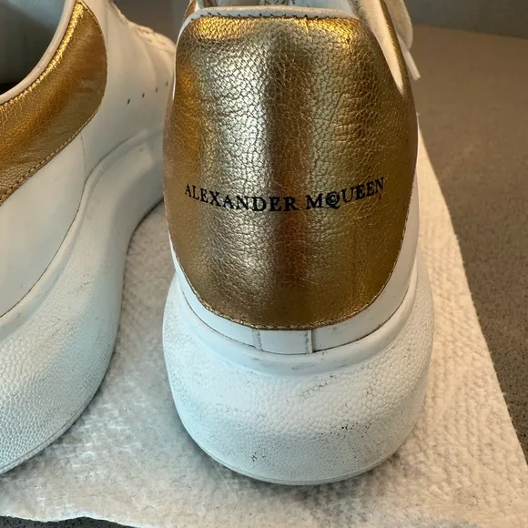 Alexander McQueen White and Gold Platform Sneakers