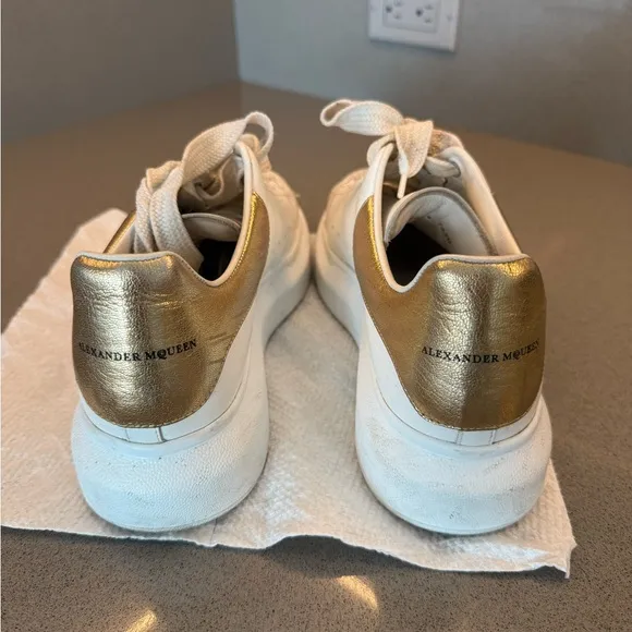 Alexander McQueen White and Gold Platform Sneakers