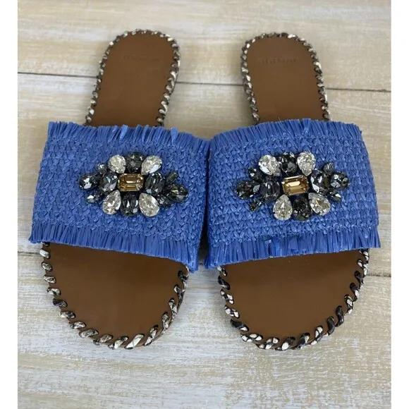 Alexandre Birman Ludovica Raffia Flat Slide Sandals Blue Size 38½ US 8.5 DustBag