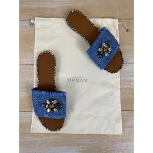 Alexandre Birman Ludovica Raffia Flat Slide Sandals Blue Size 38½ US 8.5 DustBag
