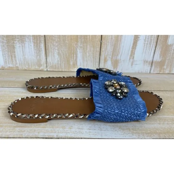 Alexandre Birman Ludovica Raffia Flat Slide Sandals Blue Size 38½ US 8.5 DustBag
