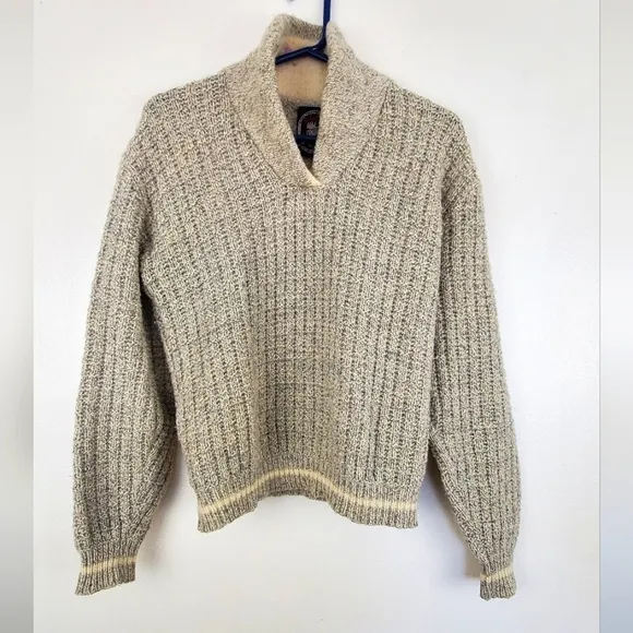 Alps Beige Sweater Waffle Knit Pullover Felted Flower Detail Collar Size Large
