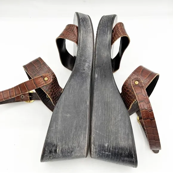 Ancient Greek Leather Brown Strappy Heel Strap Wedge Sandals Crocodile Size 39