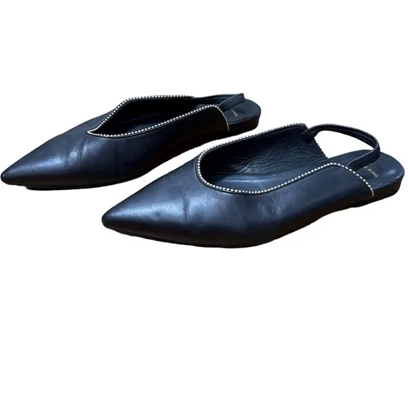 Anine Bing • Callie Slingback Gold Studded Pointed Toe Black Leather Flats 38
