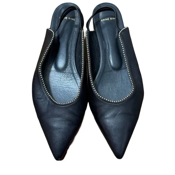 Anine Bing • Callie Slingback Gold Studded Pointed Toe Black Leather Flats 38