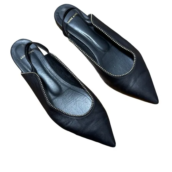 Anine Bing • Callie Slingback Gold Studded Pointed Toe Black Leather Flats 38