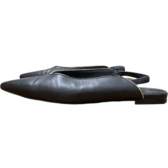 Anine Bing • Callie Slingback Gold Studded Pointed Toe Black Leather Flats 38