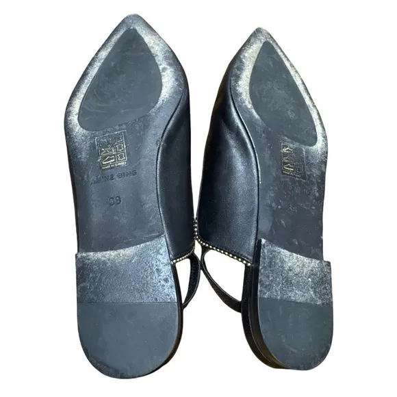 Anine Bing • Callie Slingback Gold Studded Pointed Toe Black Leather Flats 38