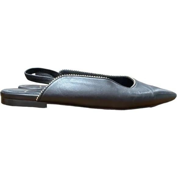 Anine Bing • Callie Slingback Gold Studded Pointed Toe Black Leather Flats 38