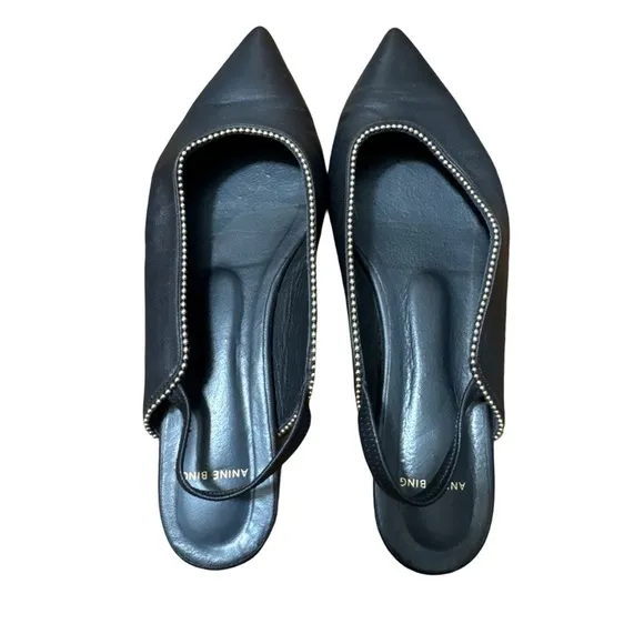Anine Bing • Callie Slingback Gold Studded Pointed Toe Black Leather Flats 38
