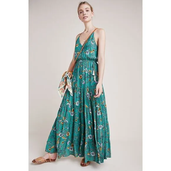 Anthropologie Dolan Verdure Maxi Dress Medium Boho Green Floral Tiered Strappy