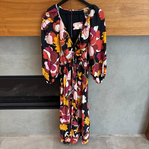 Anthropologie Maeve Deep-V Ruched Midi Dress, Size 14