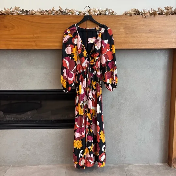 Anthropologie Maeve Deep-V Ruched Midi Dress, Size 14