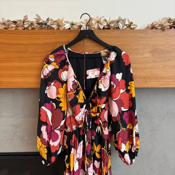 Anthropologie Maeve Deep-V Ruched Midi Dress, Size 14