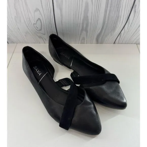 Anthropologie Sava Leather Flats with Suede Detail Black Pointed Toe 7.5 EU38 r1