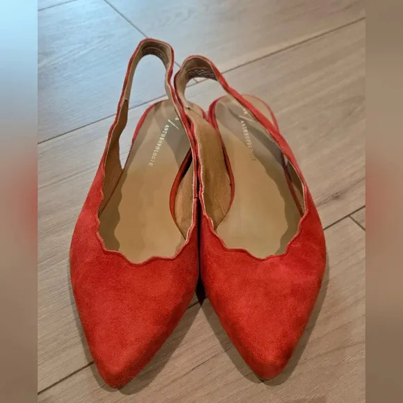 Anthropologie scalloped suede pointed toe slingback flats