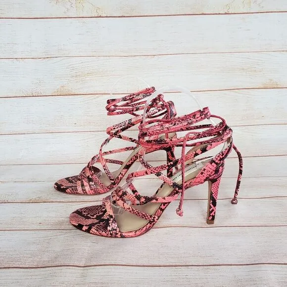 Antonio Melani Snakeskin Print Ankle Strap Strappy Leather Heeled Sandals