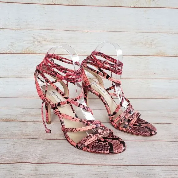Antonio Melani Snakeskin Print Ankle Strap Strappy Leather Heeled Sandals