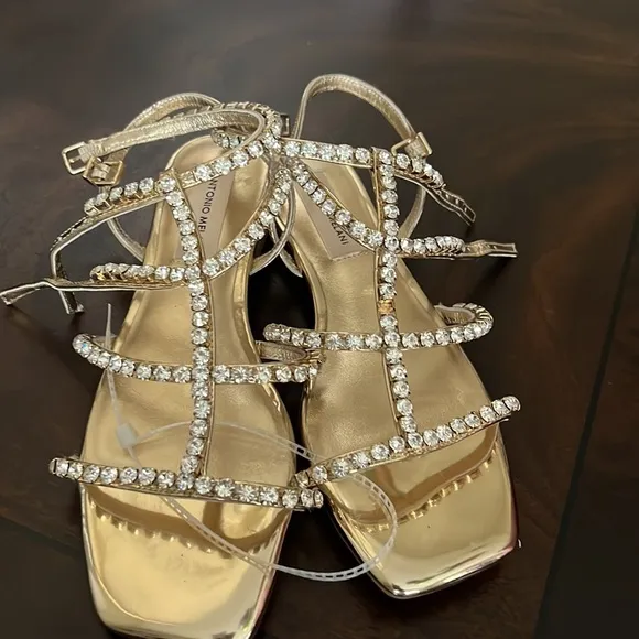 Antonio MelaniDayla Metallic Leather Jeweled T-Strap Flat Sandals