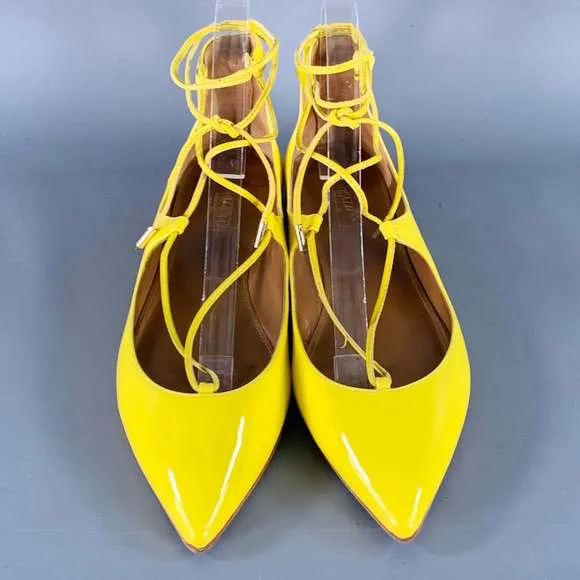 AQUAZZURA Yellow Patent Leather Laced Pointed Toe Flats
