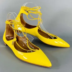 AQUAZZURA Yellow Patent Leather Laced Pointed Toe Flats