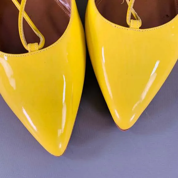 AQUAZZURA Yellow Patent Leather Laced Pointed Toe Flats