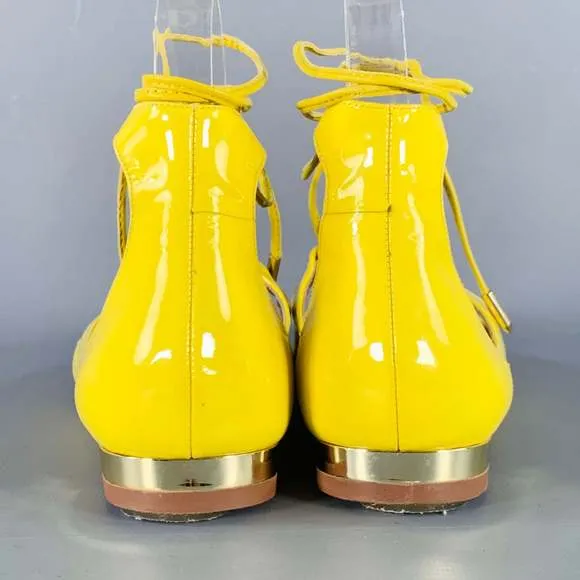 AQUAZZURA Yellow Patent Leather Laced Pointed Toe Flats