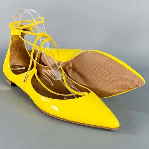 AQUAZZURA Yellow Patent Leather Laced Pointed Toe Flats