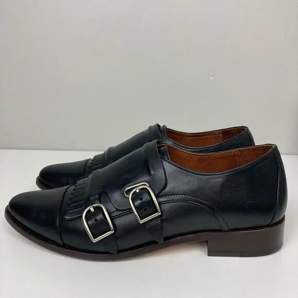Ariat Two24 Leona Double Monk Strap Fringe Oxford Loafers Black Leather sz 8 B