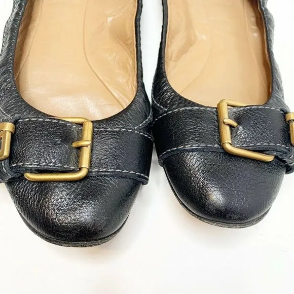 Authentic Chloe Women’s Black Pebbled Leather Ballet Flats Gold Buckle Size 39.5