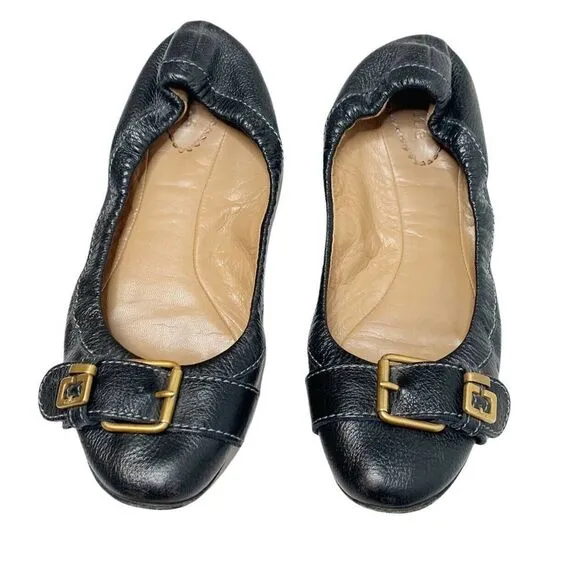 Authentic Chloe Women’s Black Pebbled Leather Ballet Flats Gold Buckle Size 39.5