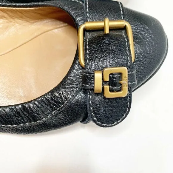 Authentic Chloe Women’s Black Pebbled Leather Ballet Flats Gold Buckle Size 39.5