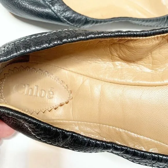 Authentic Chloe Women’s Black Pebbled Leather Ballet Flats Gold Buckle Size 39.5