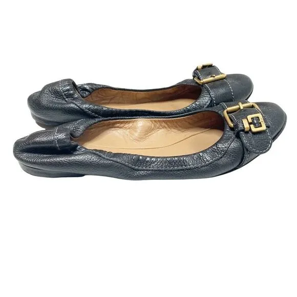 Authentic Chloe Women’s Black Pebbled Leather Ballet Flats Gold Buckle Size 39.5