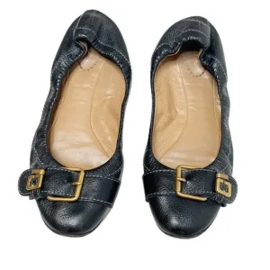 Authentic Chloe Women’s Black Pebbled Leather Ballet Flats Gold Buckle Size 39.5