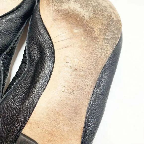 Authentic Chloe Women’s Black Pebbled Leather Ballet Flats Gold Buckle Size 39.5